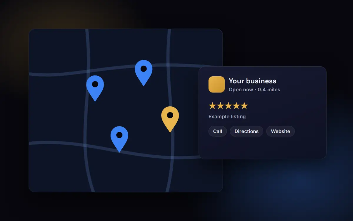 Digital marketing agency locations: local search map with business pins and a highlighted listing with five-star reviews