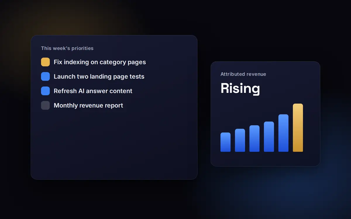 Digital marketing agency: senior marketing team workspace with a strategy board, weekly priorities and a revenue report