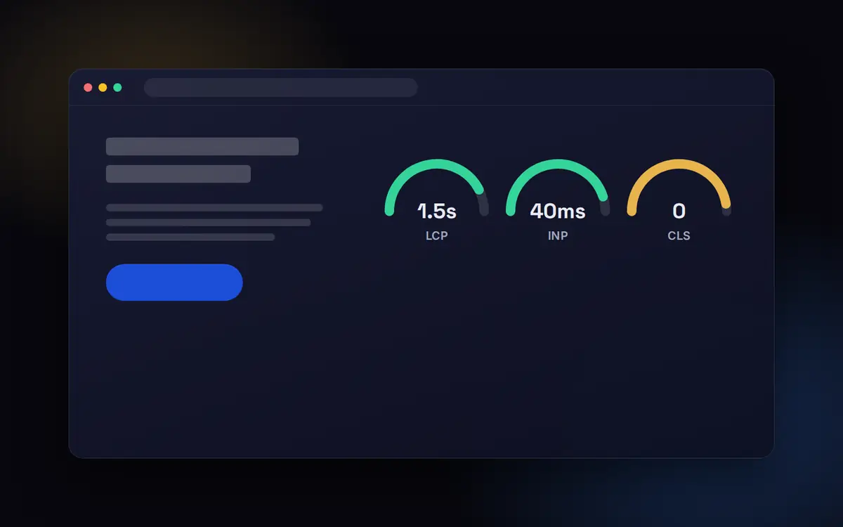 Web development services: fast website in a browser window with Core Web Vitals gauges for LCP, INP